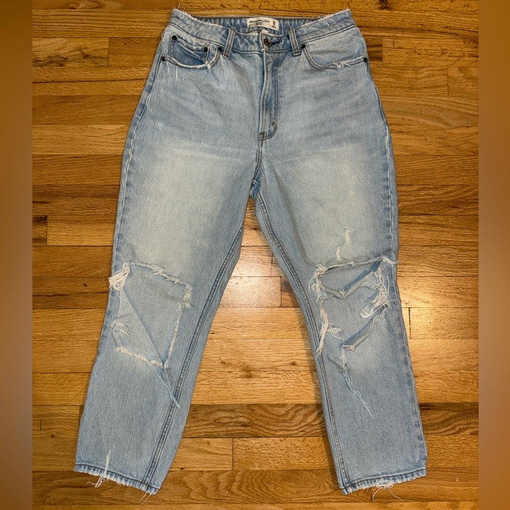 Abercrombie & Fitch Light Blue Distressed “The Mom” High Rise Jeans